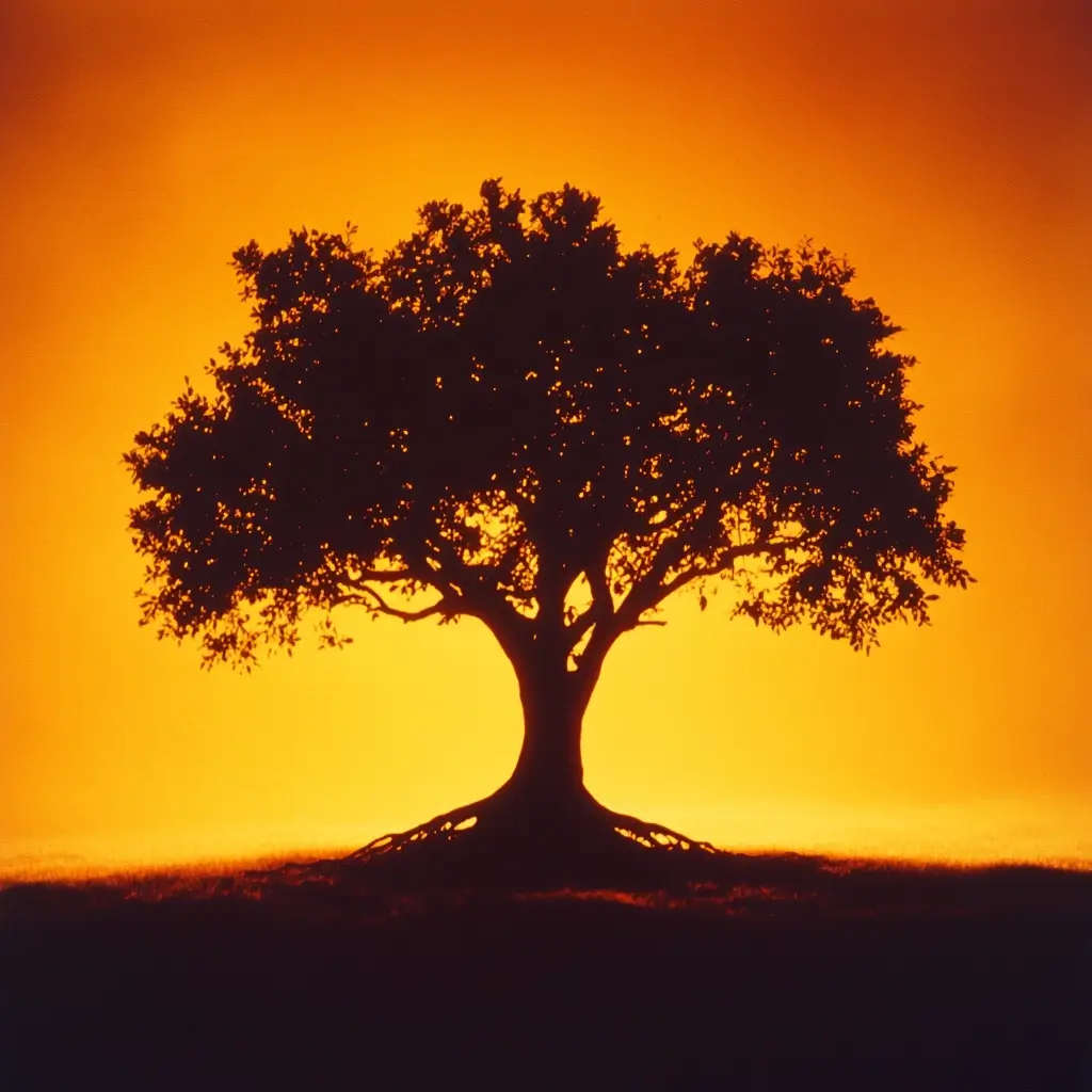 Silhouette eines alleinstehenden Baumes mit sichtbaren Wurzeln vor intensiv orange leuchtendem Hintergrund – Symbol für Wachstum, Erdung und Beständigkeit.