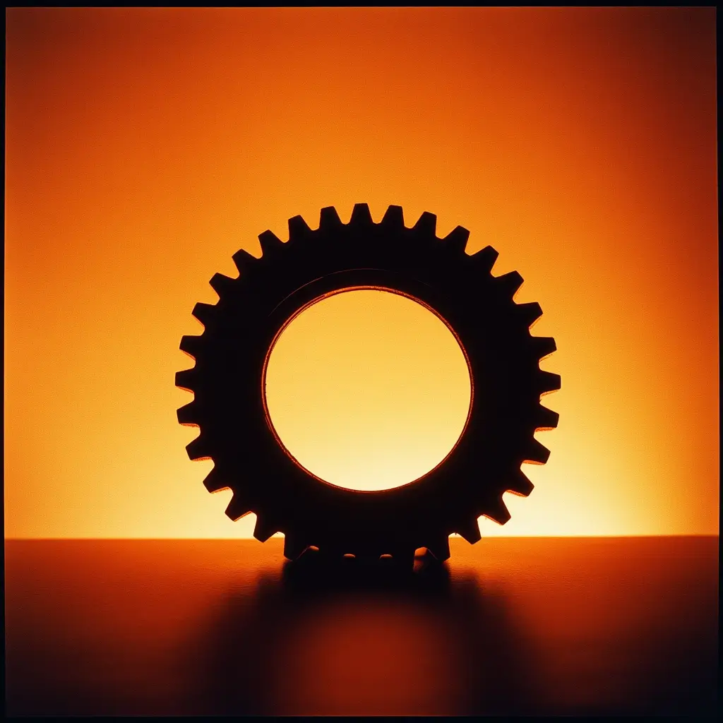 Orange_wheel Silhouette eines Zahnrads vor leuchtend orangefarbenem Hintergrund – symbolisiert Technik, Mechanik oder Zusammenarbeit.