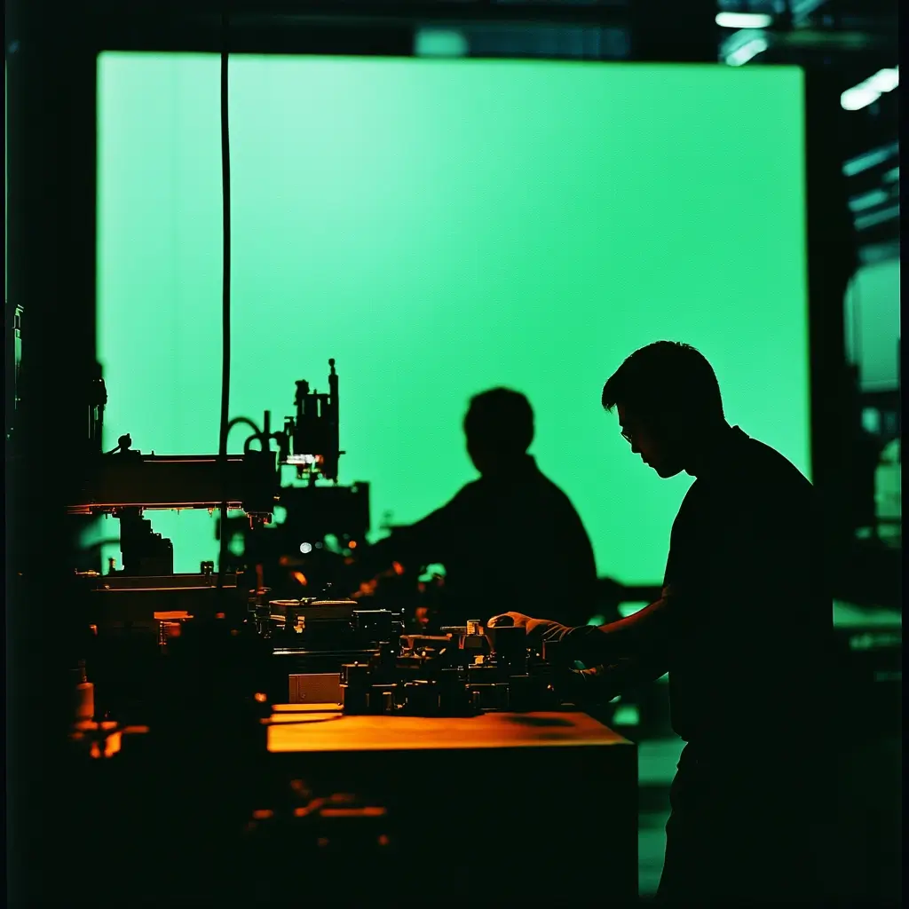 Silhouetten von Technikern in einer modernen Produktionsumgebung – Symbol für Industrie 4.0, Automatisierung und datengestützte Innovation im Fertigungsbereich.